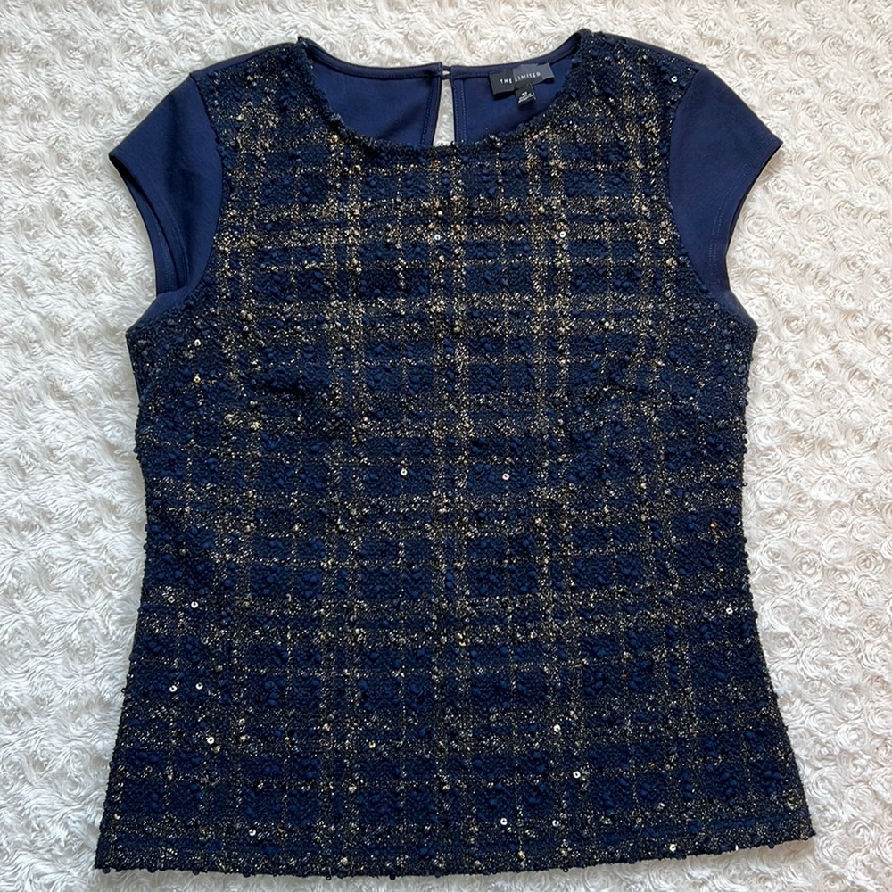 ⭐️ The Limited old money navy blue tweed and sequin shirt